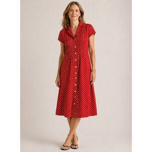 2/$30 Coldwater Creek Midi Dress 14 Red Polka Dot Tie Back Button Front Cottage